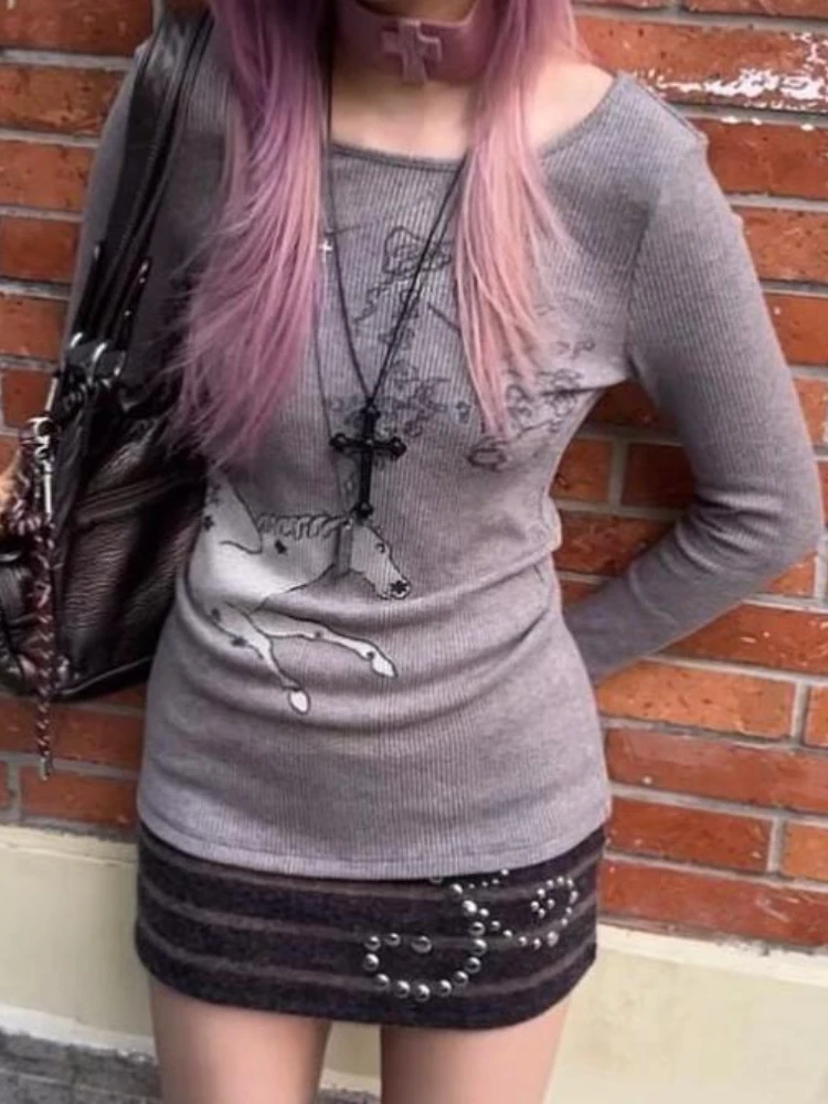 女性用長袖Tシャツ,y2kヴィンテージプリントTシャツ,マッチングTシャツ,原宿ストリートウェア,グランジTシャツ