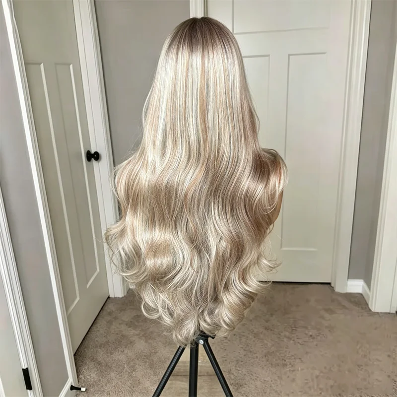 Highlight Ash Blonde Lace Front Wigs Luxury Body Wave Lace Wig 13x4 HD Heat Resistant Synthetic Fiber Blend Human Hair Cosplay