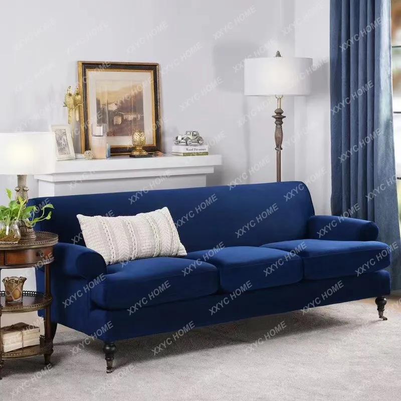 Medieval country style royal blue velvet fabric three-person sofa retro living room sofa chair