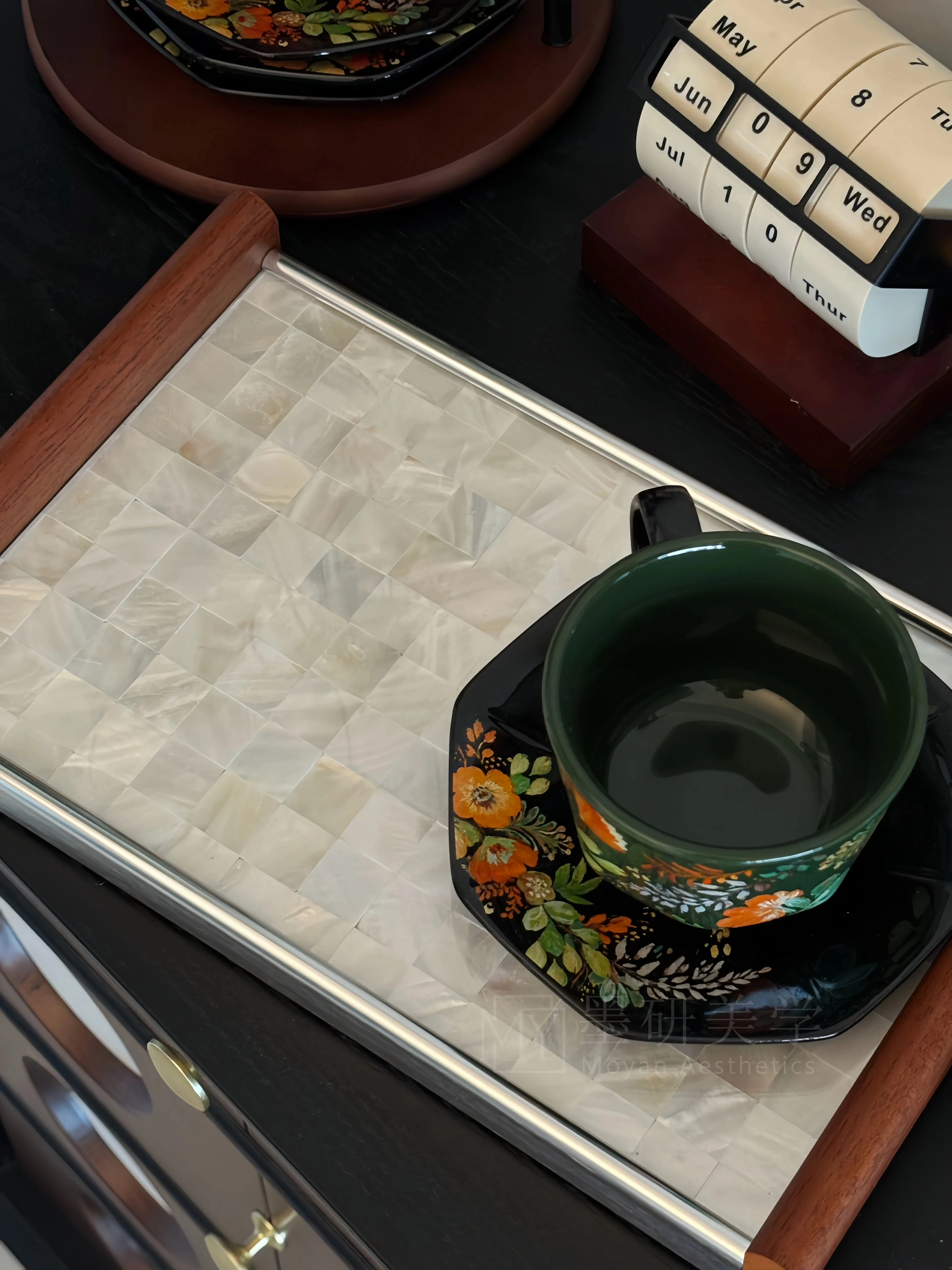 Walnut Wood Tray With Shell Inlay Art Design, Light Luxury Solid Wood TeaTray Jewelry Storage Decorative Ornament Live Room Home