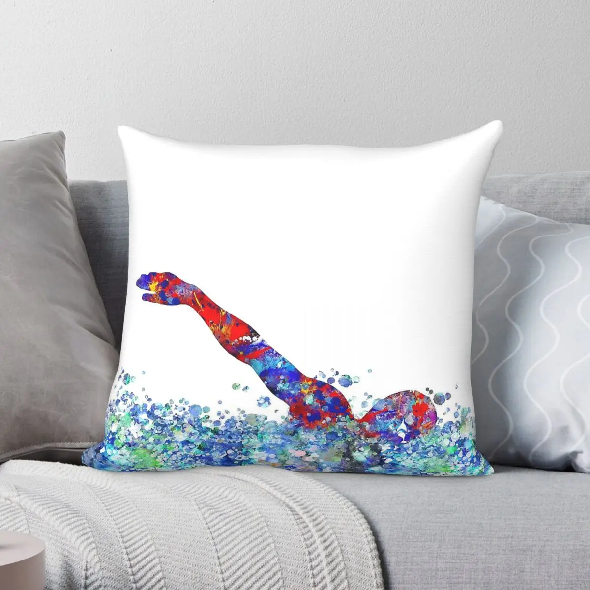 Male Swimmer Athlete Watercolor Square Pillowcase Polyester Linen Velvet Creative Zip Decor Pillow Case Car Cushion Cover 45x45