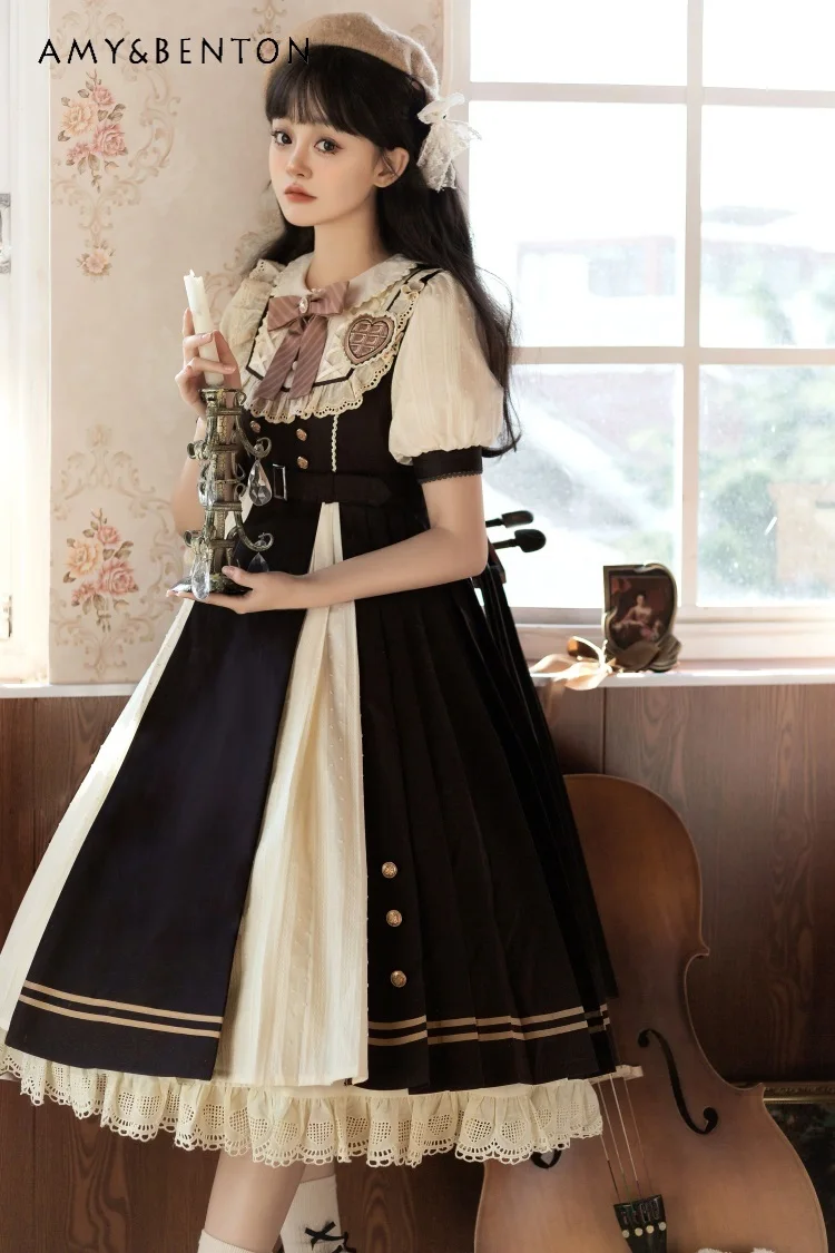 

2025 Summer and Autumn New High-Quality Bow High-Waist Slim Casual Daily Short-Sleeve Lolita Dress Round Neck Beige Long Dress