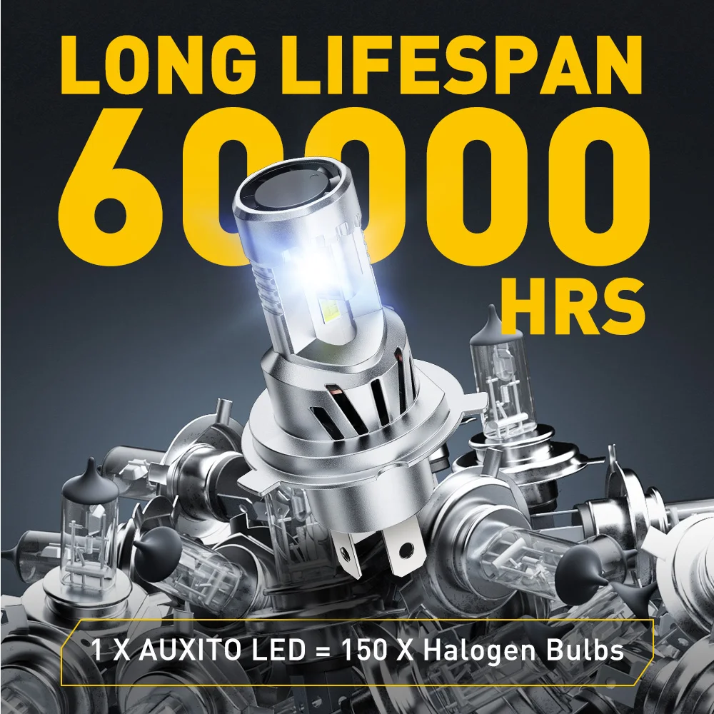 AUXITO 2Pcs Turbo H4 LED Headlight Bulbs CANBUS Error Free 9003 LED Headlamps High Low Beam With Dual Fan 6500K White High Power Super Bright 12V