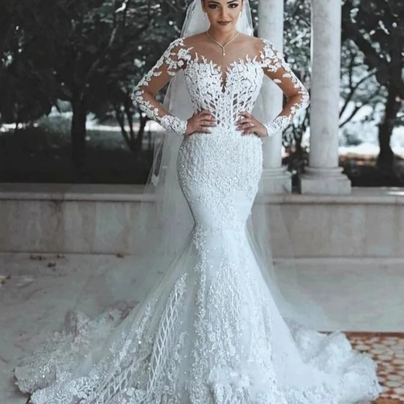 

Muslim Shiny Lace Bridal Gowns Mermaid Luxury Women's Fashion Illusion Decal Long Sleeve Wedding Dress 2025 Customized