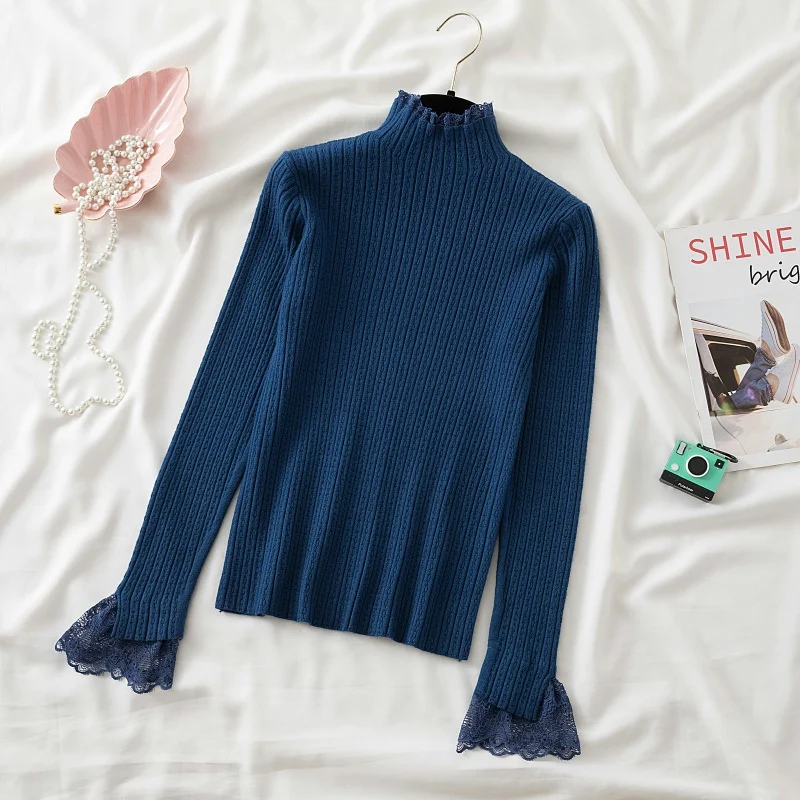 เสื้อไหมพรมผู้หญิงคอเต่าสูง แขนยาว แต่งผ้าลูกไม้ ดีไซน์ใหม่ สำหรับฤดูใบไม้ร่วงและฤดูหนาว เนื้อผ้านุ่ม สวมใส่สบาย