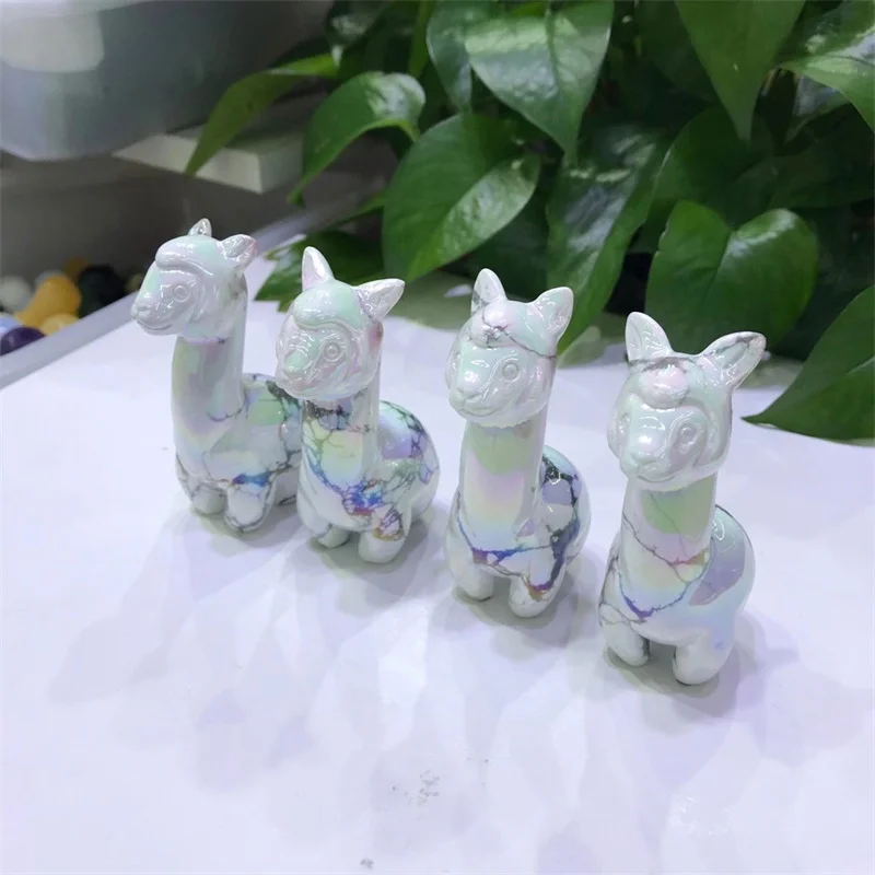 

Natural Carving Aura Howlite Alpaca For Home Decor Gift Animal Crystal Sculpture Lovely For Gift Decoration 1pcs