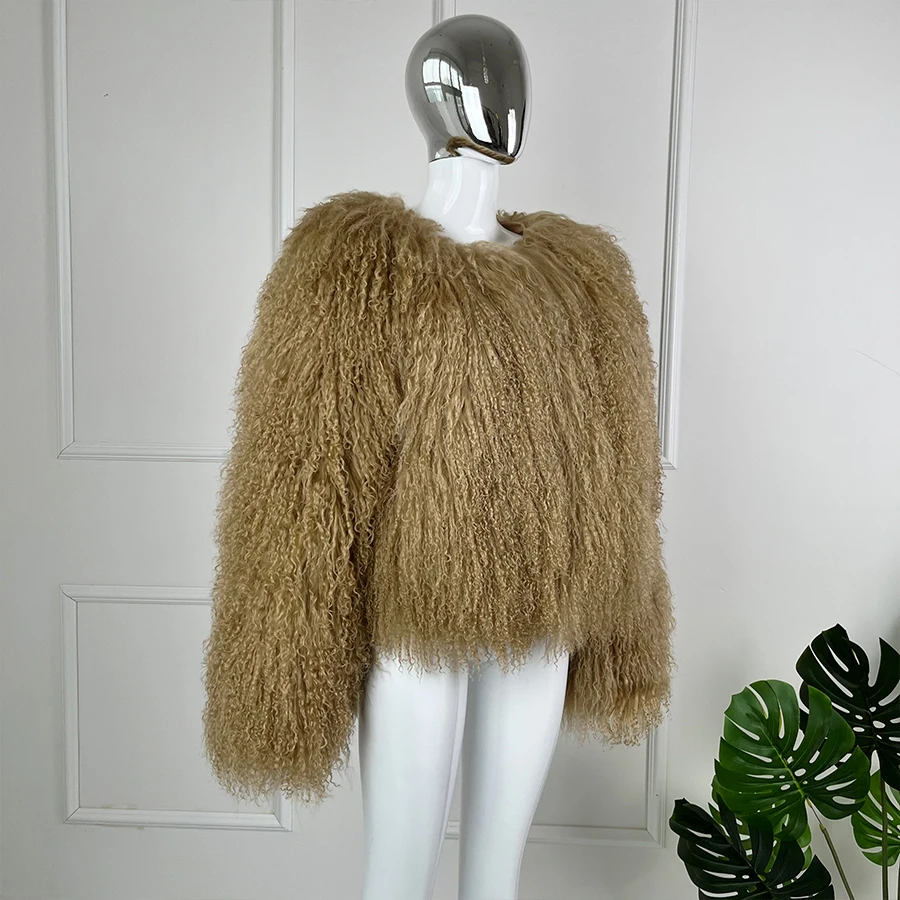 Genuine Sheep Fur Coat Womens Mongolian Coats Large Lapel Short Real Lamb Fur Jacket Winter Outerwear