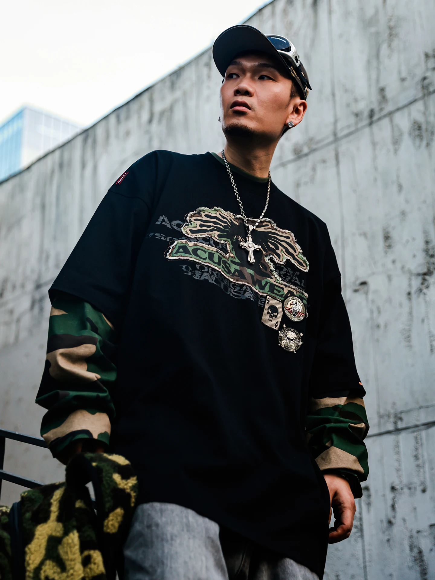 American Street Style ACUSA Jeans Long Sleeve T-Shirt Camouflage Patchwork Print Fake Two-Piece Loose Fit Breathable Cotton