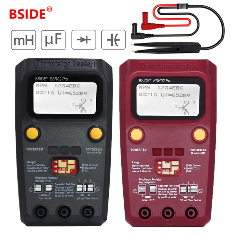 BSIDE uniwersalny tranzystor ESR/SMD Tester ESR02pro inteligentna dioda trioda miernik rezystora pojemnościowego LCD miernik MOS/PNP/NPN test