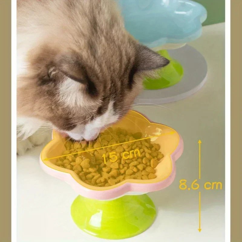 Ceramic Raised Cat Bowl with Flower Design, Elevated Cat Food Bowl Water Plate Snack Dish with Stand for Neck Protection