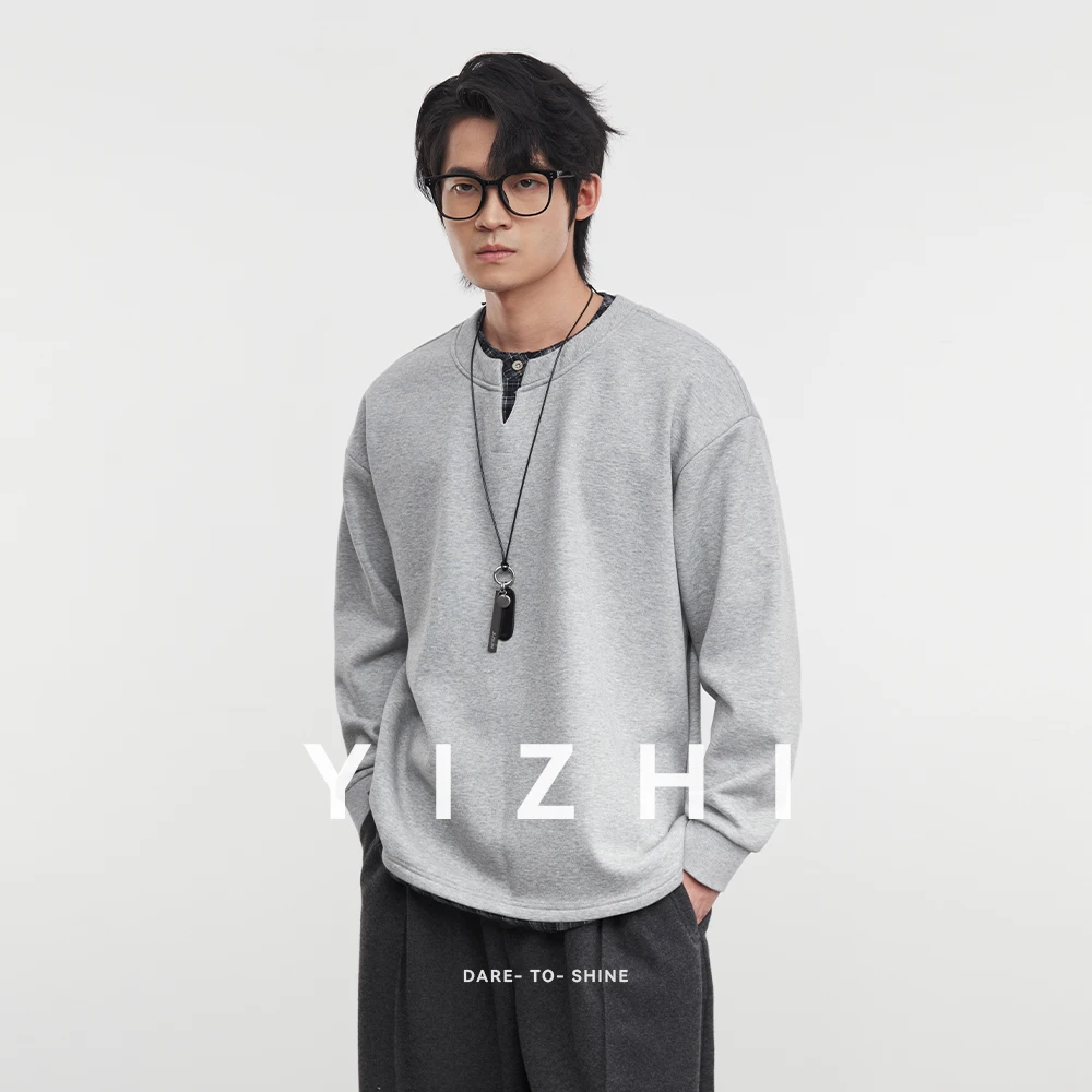 

Fashion Men's Heavy Plaid Fake Two-piece Fleece Sweatshirt Winter New Round Neck Loose Casual Warm Long-sleeved Top Pullover