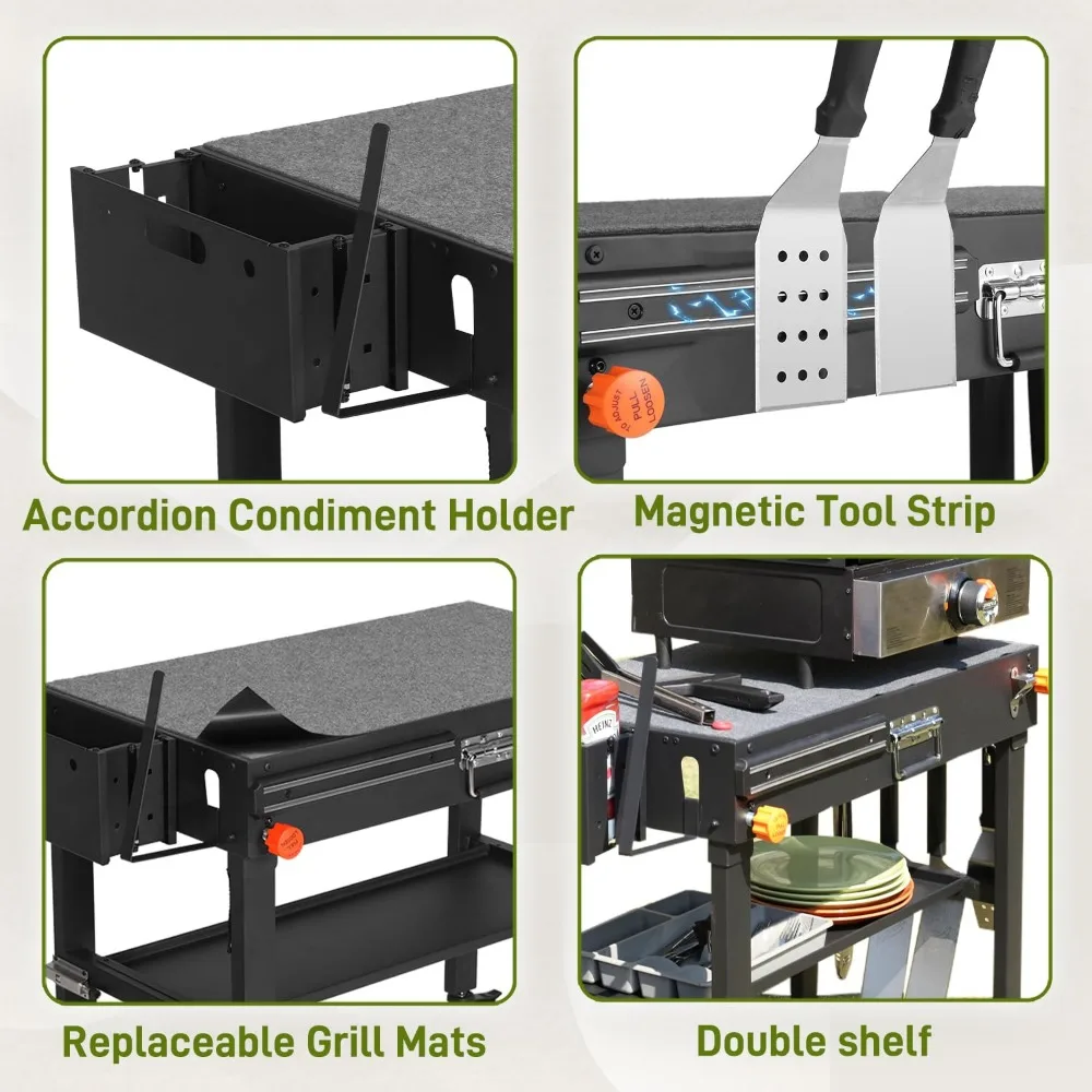 Table de gril portable pour l'extérieur, support de gril solide et robuste, chariot de barbecue de préparation de cuisine mobile avec roues, chariot de gril pliant