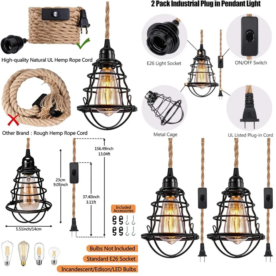 

Industrial Plug in Pendant Light, Vintage Hanging Lights with Plug in Cord, Metal Cage Hanging Lamp with 13ft Hemp Rope Plug in
