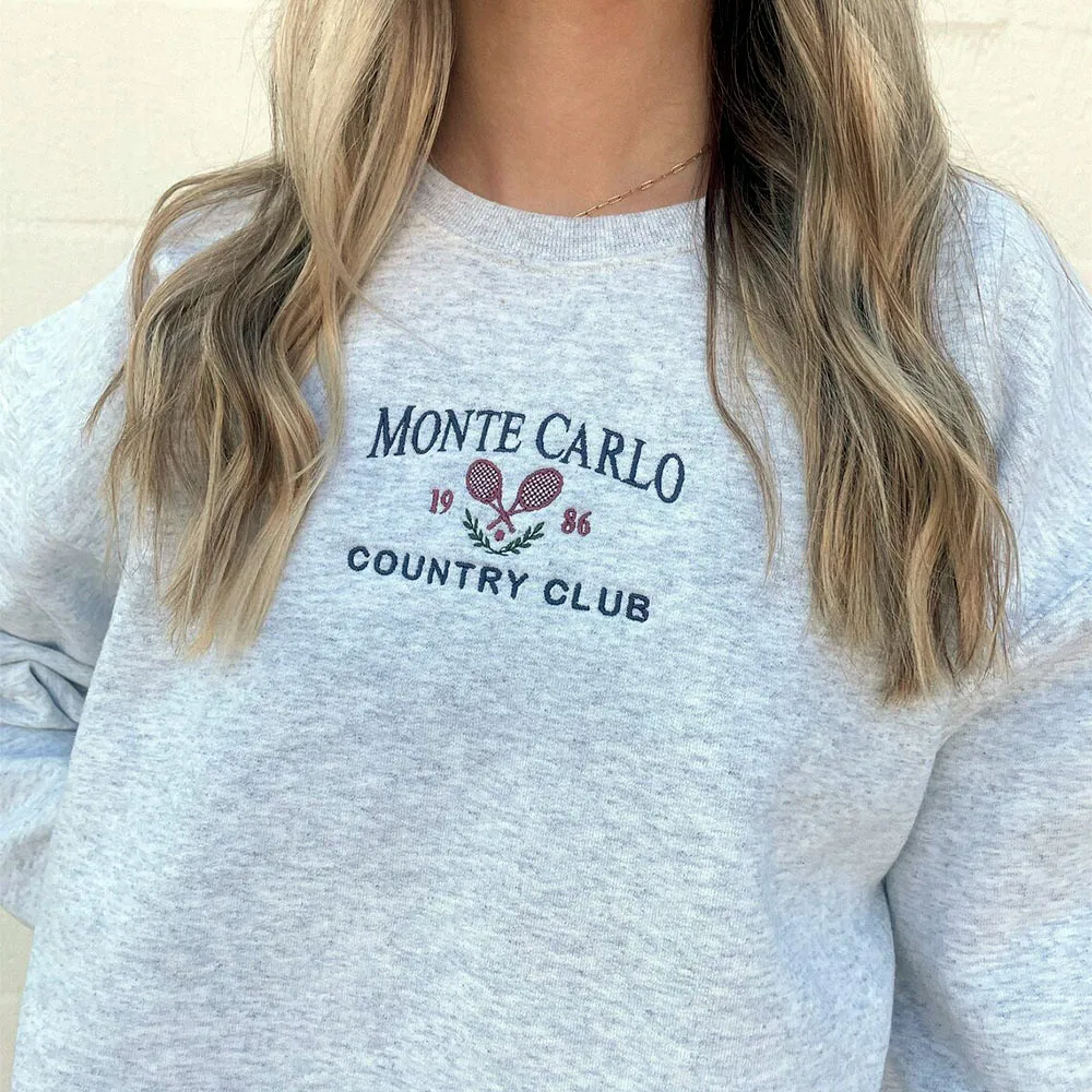 Monte Carlo Country Club Embroidered Sweatshirts Women Autumn Long Sleeve Loose Thick Fleece Pullover Vintage Style Jumper