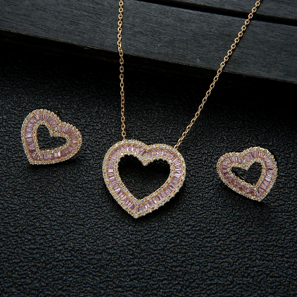 

HIBRIDE Cute Romantic Love Heart Shape Pink Cubic Zirconia Crystal Women Engagement Necklace Earring Wedding Jewelry Sets N-959