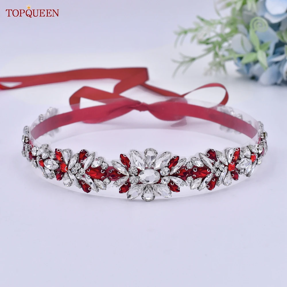 

TOPQUEEN S122 Red Stones Wedding Dress Belt Rhinestones Appliques Handmade Bridal Accessories Women Evening Decoration Sash