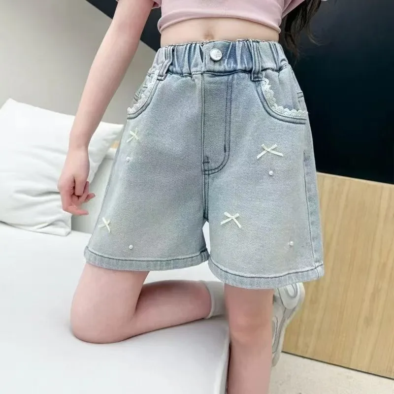 

Girls Cute Bow Beading Denim Shorts Jean Kids Trendy High Waist Loose Denim Shorts Teens Summer Thin Casual Bottoms
