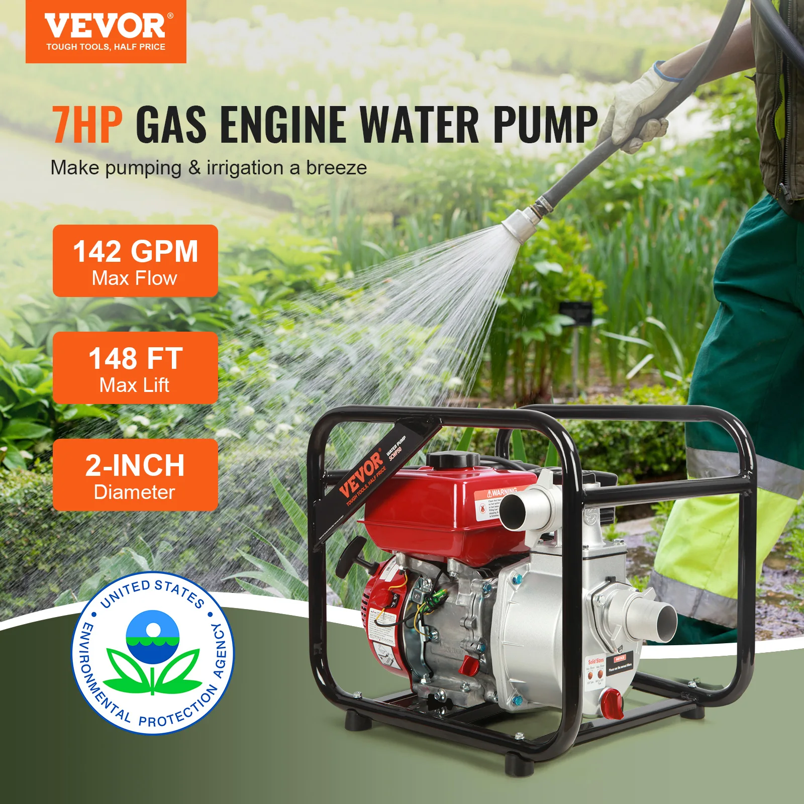 VEVOR Gasoline Engine Water Pump 7HP 142/265 GPM 22ft Suction 4-Stroke Gas Powered Trash Water Transfer Pump for Irrigation Pool