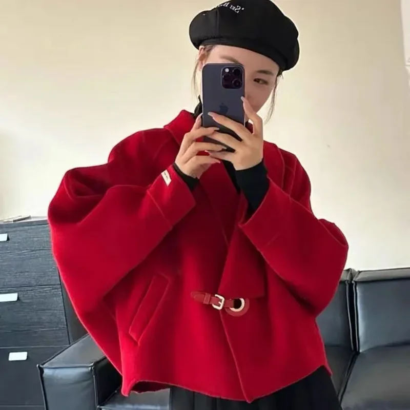 

Spring Autumn New Wool Coat Women Korean Cloak Hepburn Wind Short Coat Fashion Double-sided Woolen Jacket Female 2025