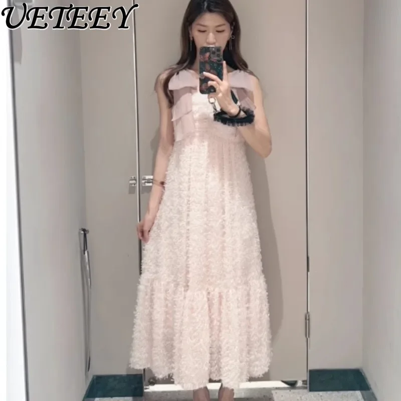 Verão novo produto férias arco cinta peludo delicado maxi vestido temperamento doce meninas fada sem mangas vestidos longos