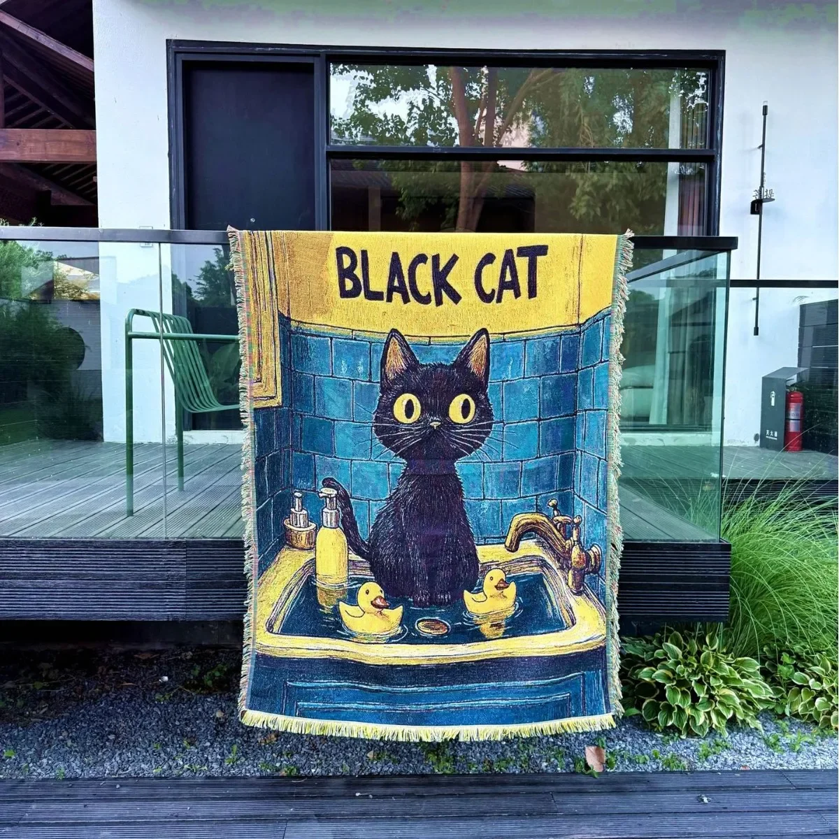 Black Cat Art Throw Blanket Vintage Style Woven Tapestry Retro Bathroom Scene Whimsical Animal Sofa Cover Eclectic Home Decor