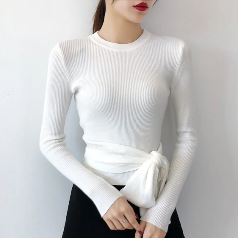 

O-Neck Lace-up Knitted Sweater Women Pullovers Knitwears New Long Sleeve Knit Sweater Pullover Women Tops Sueter Feminino Q1794