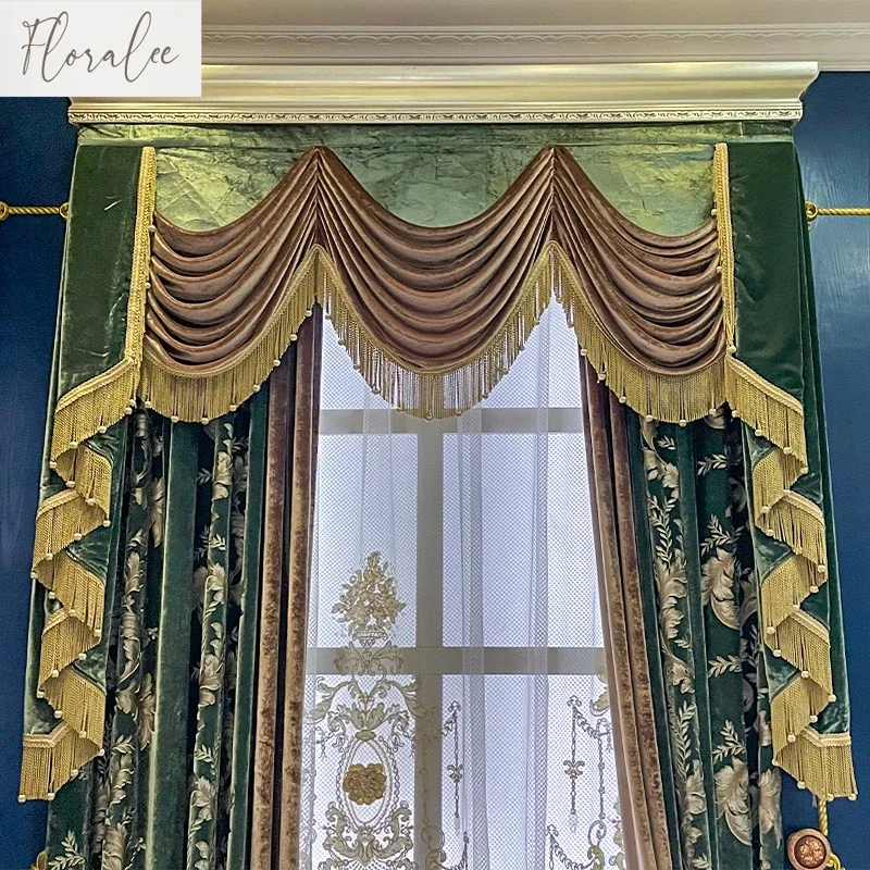 New European Style Luxury Velvet Bronzing Curtains for Villa Living Room Villa Splicing Green Embroidered Curtain Yarn Custom