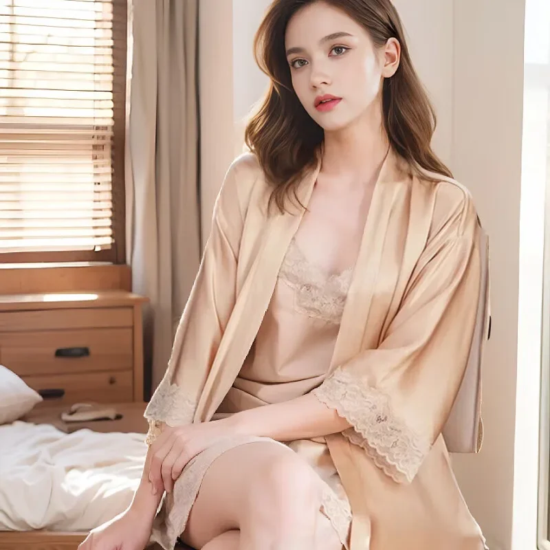 Women 100% Mulberry Silk Robe Set Lace Trim Sling Slip Nightgown 2Pcs Wedding Bridal Kimono Sleepwear Elegant Home Loungewear PJ