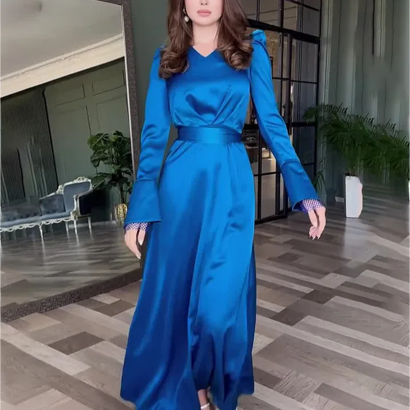 JY Autumn new V-neck solid color split long sleeved slim waistband dress, simple and elegant fashion temperament long skirt