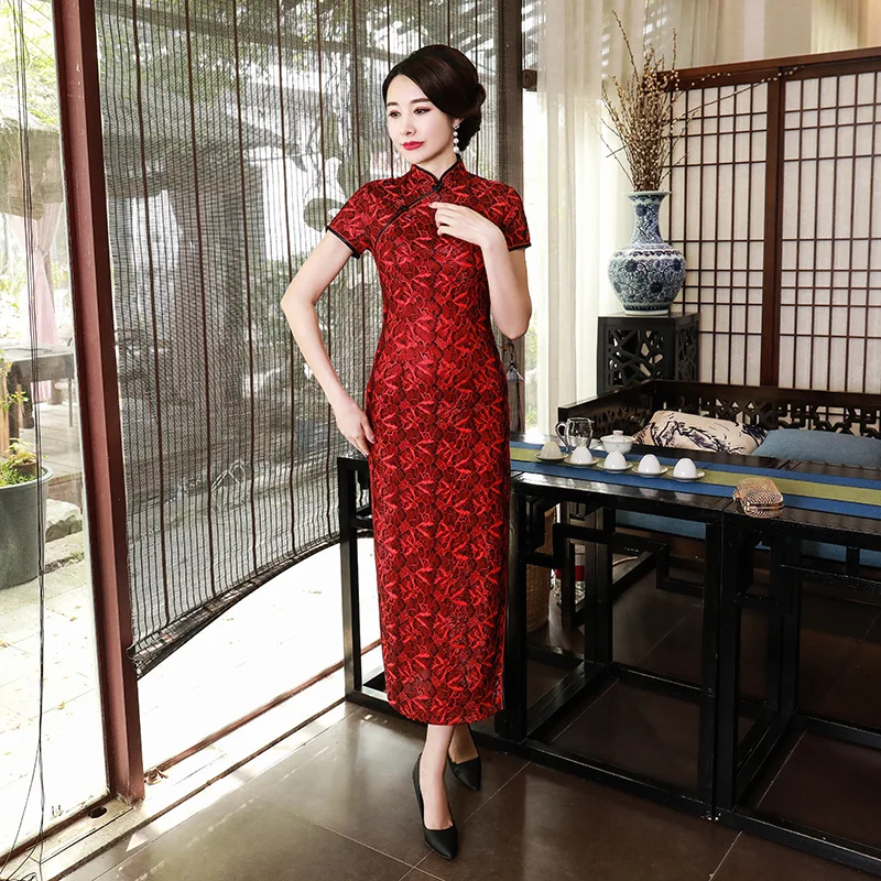 New Improved Cheongsam Long Dress Large Size Mom's Clothing Slim Retro Costume Lace Chinese Style