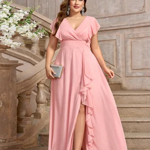 V-Ausschnitt Chiffon Rosa Hochzeitskleid, Fteur-Hochzeitskleid auf den Boden, Abendgästekleid, Plus Size, eine Linie, 2024 8 Hauptverkäufe rosa Kleid rosa - №4