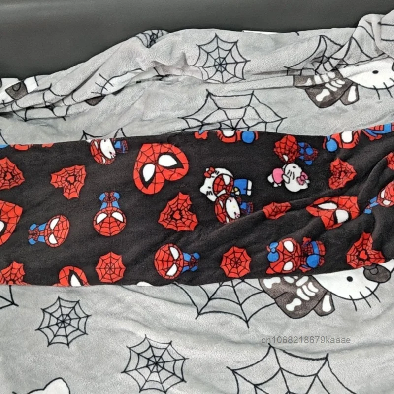 Sanrio Hello Kitty Spider Man Cartoon Flannel Sleep Pants Fashion Loose Straight Tube Pants New High Waist Thick Pajama Pants ﻿