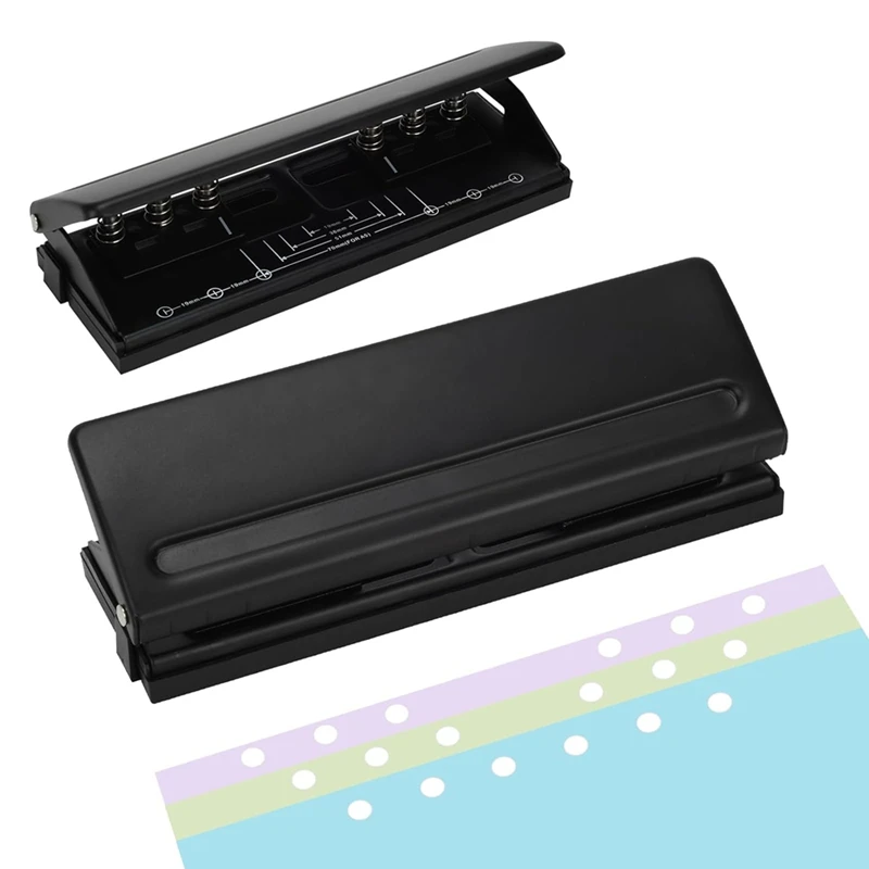 Adjustable 6-Hole Punch - Metal Hole Puncher for A4/A5/A6, 6-Ring Binder Puncher, Non-Slip Base, with Ruler & Hole Guide-SPMI