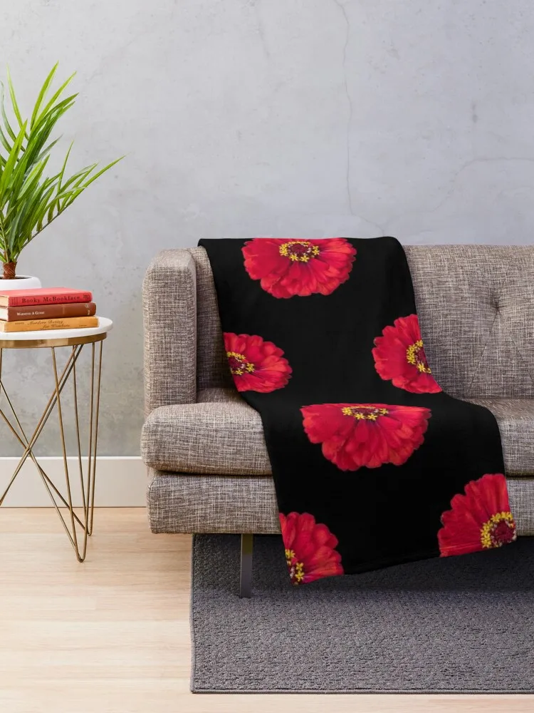 Red zinnias on black background Throw Blanket Plush Custom Blankets