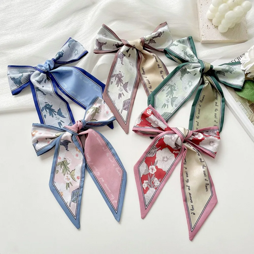 Summer Floral Silk Satin Scarf Narrow Thin Long Tied Hairband Bag Decoration Neckerchief Vacation Headscarf