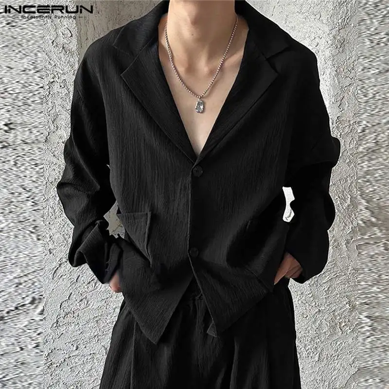 INCERUN Stylish New Men's Clothing Pleated Texture Suit Coats Casual Well Fitting Male Solid All-match Long Sleeved Blazer 2024