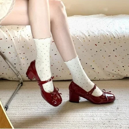 Patent Leather Red Butterfly-Knot Round Toe Women Marry Jane Shoes Chunky High Heels Rhinestone Buckle Strap Design Shoes