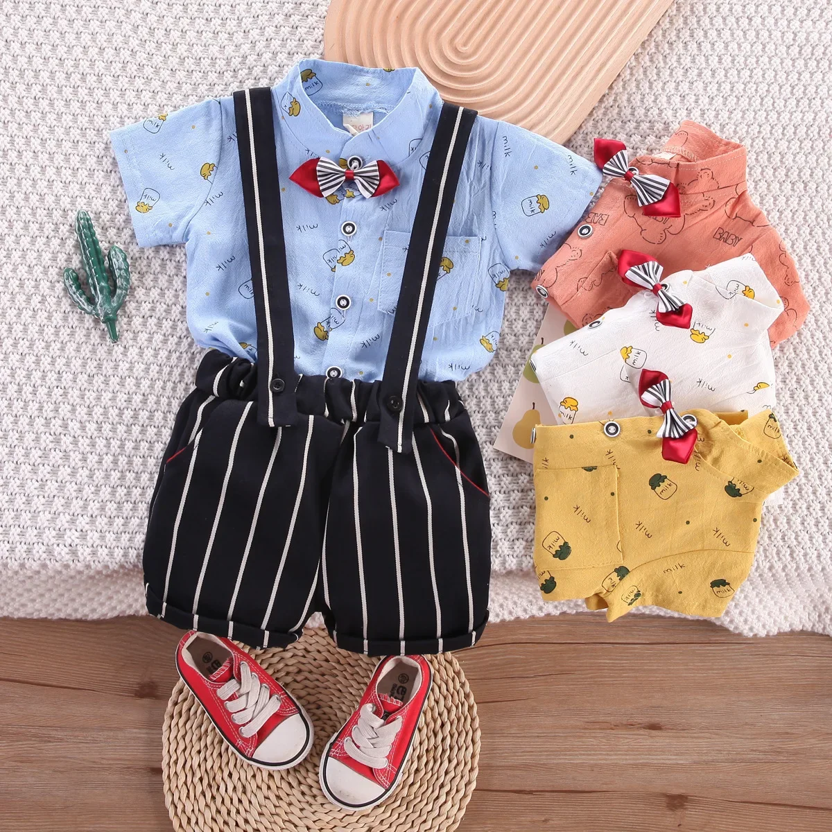 Children's clothing summer short sleeved cute print strap set children's set fashion short sleeved T-shirt 2-piece set