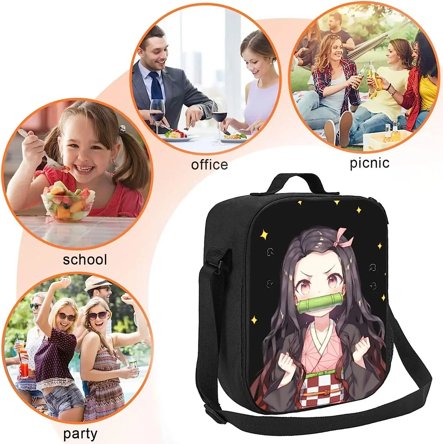 Cartoon Nezuko Lunch Box for Women Boys Girls Insulated Lightweight Tote Bag Large Capacity Cooler Bag for School Work Picnic