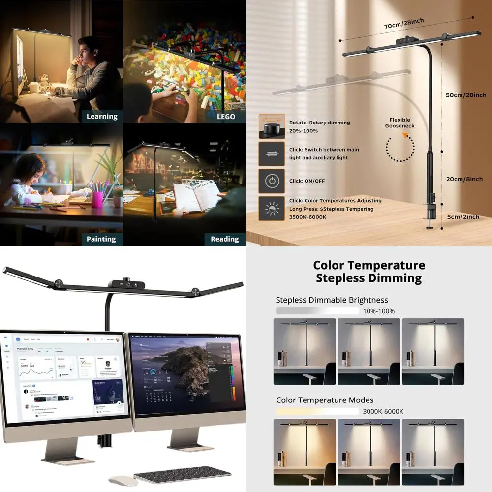 

Black Architectural Clamp Desk Lamp: Ultra-Bright, Dimmable, Tempered Glass for Office, Home, Drafting, and Study