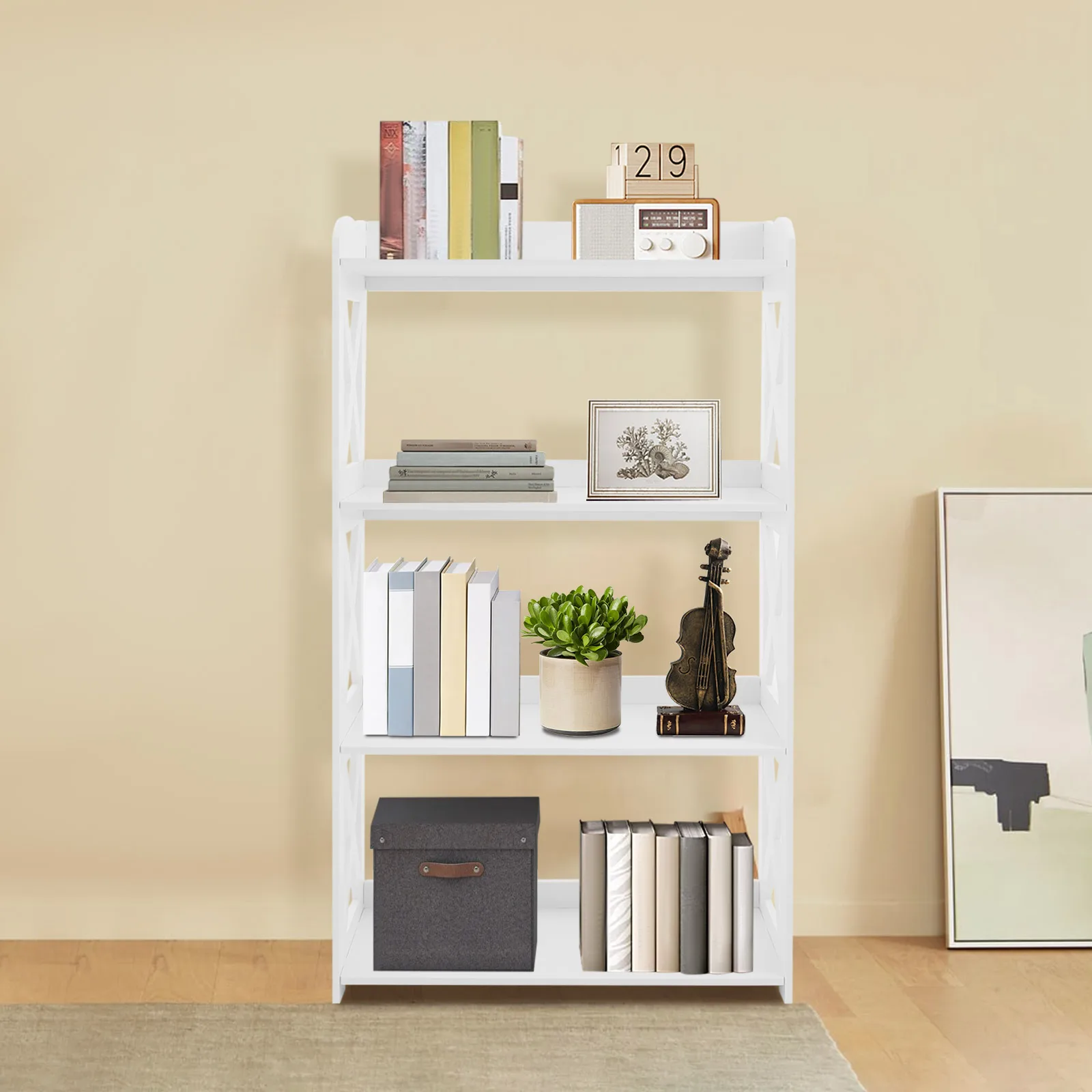 4-stufiges PVC-Bücherregal, weißes offenes Regal mit geräumiger Stauraum, stabiles wasserabweisendes Bücherregal, moderner, bodenstehender Organizer – Detail 1
