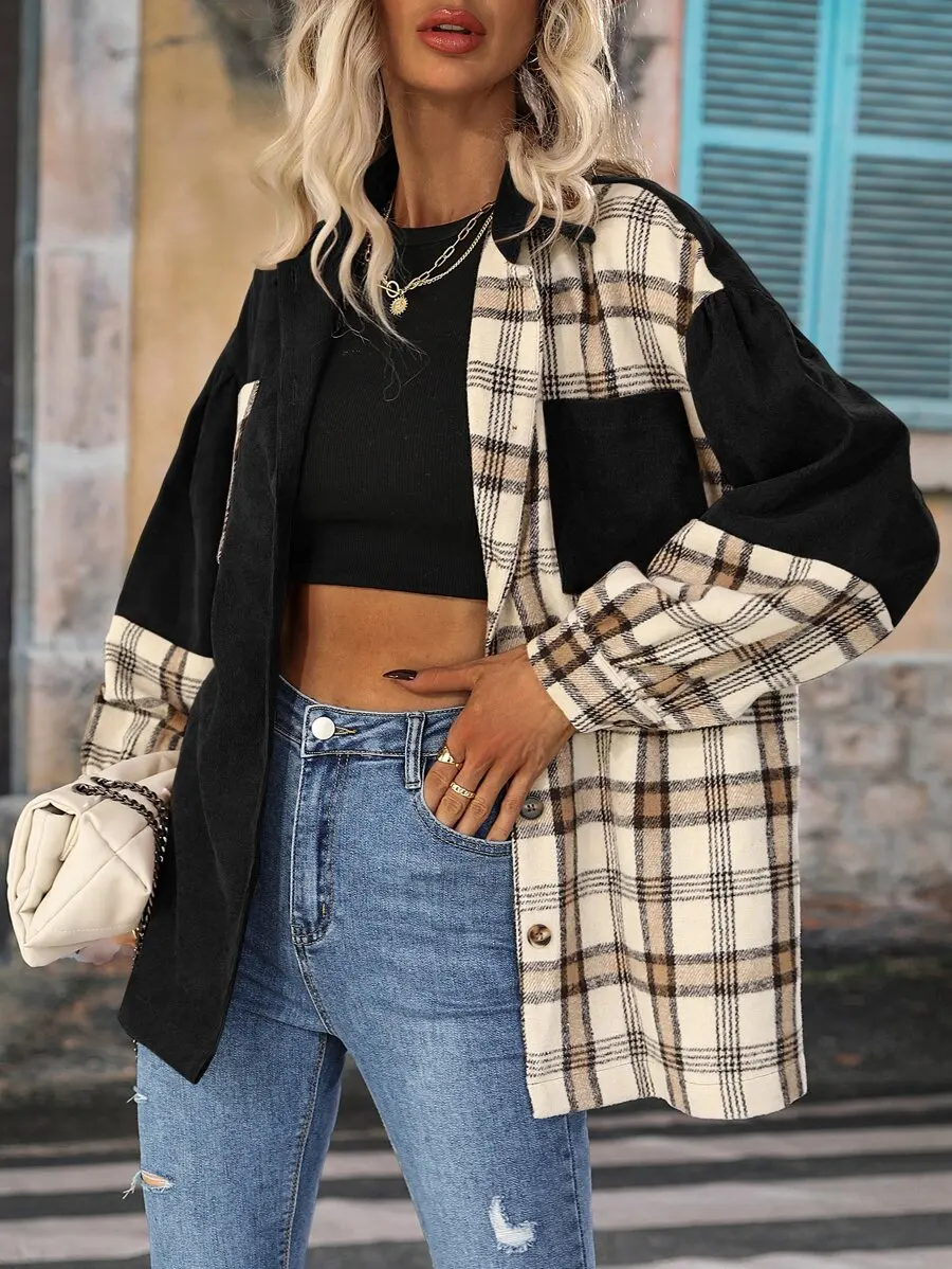 

Женская повседневная куртка с клетчатым пэчворком, спущенным плечом, длинными рукавами, однобортная, с карманами