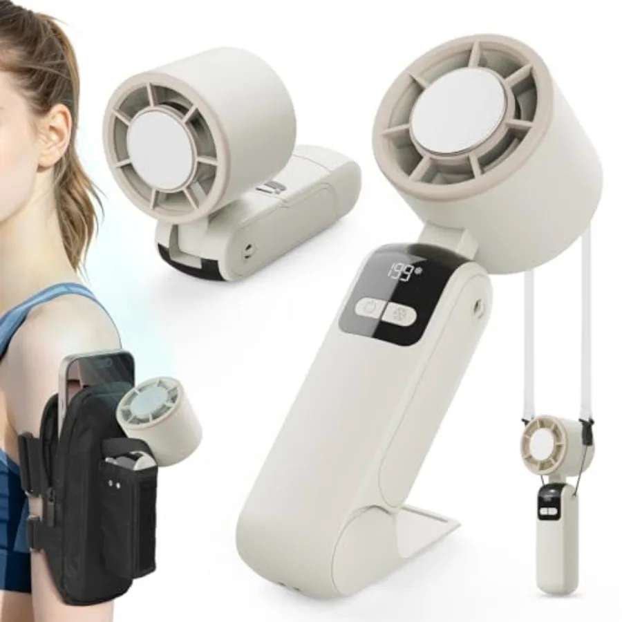 

2026 New Portable Handheld Turbo Fan With Running Armband, 199 Speed Levels, Battery Operated, 5 IN 1 Hand Fan Ice Cooling, LED