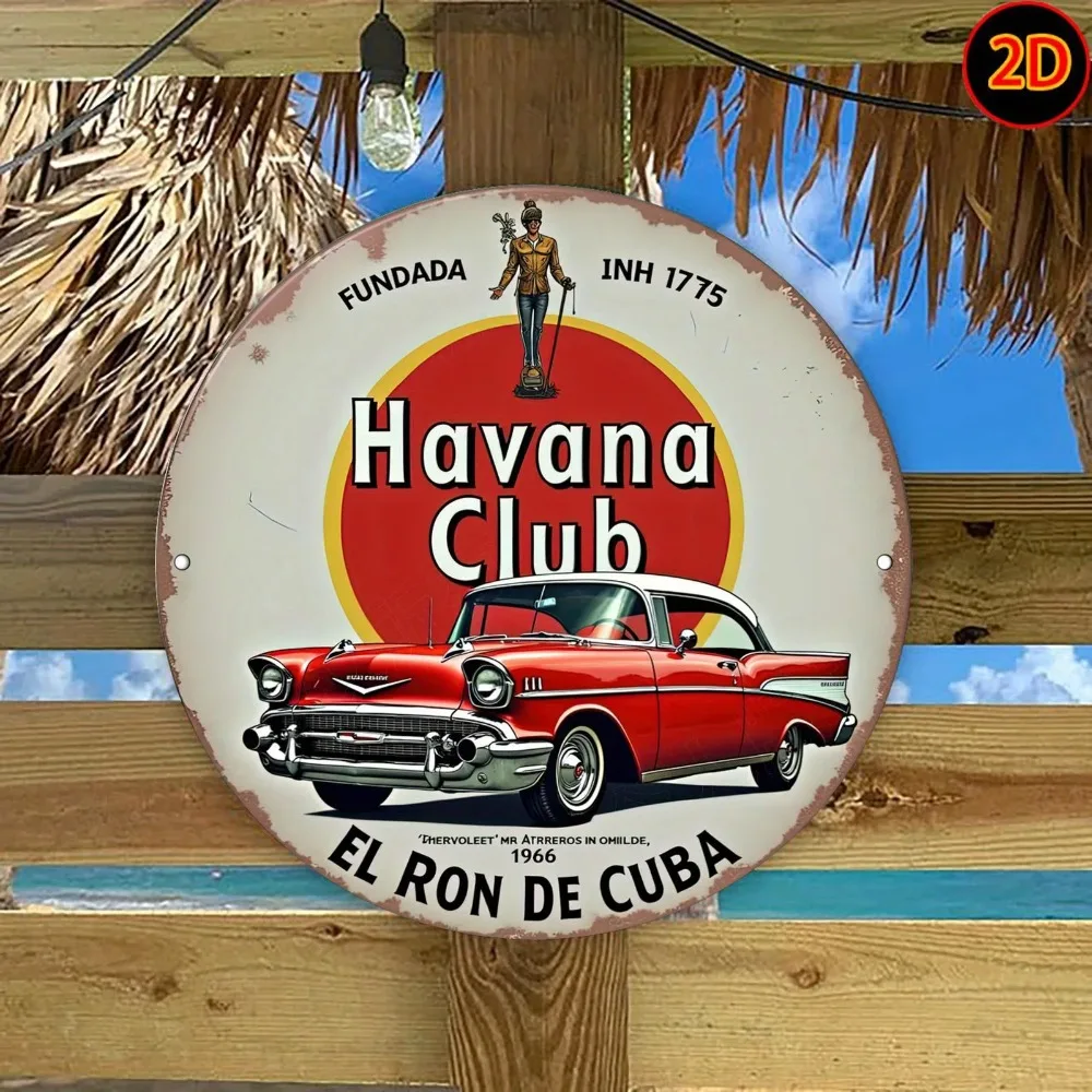 لافتة فنية جدارية معدنية مسطحة ثنائية الأبعاد من نادي هافانا الكوبي الكوبي - ديكور دائري من الألومنيوم بتصميم قديم مع تصميم أحمر وأصفر، 20 × 20 سم/7.8 #4