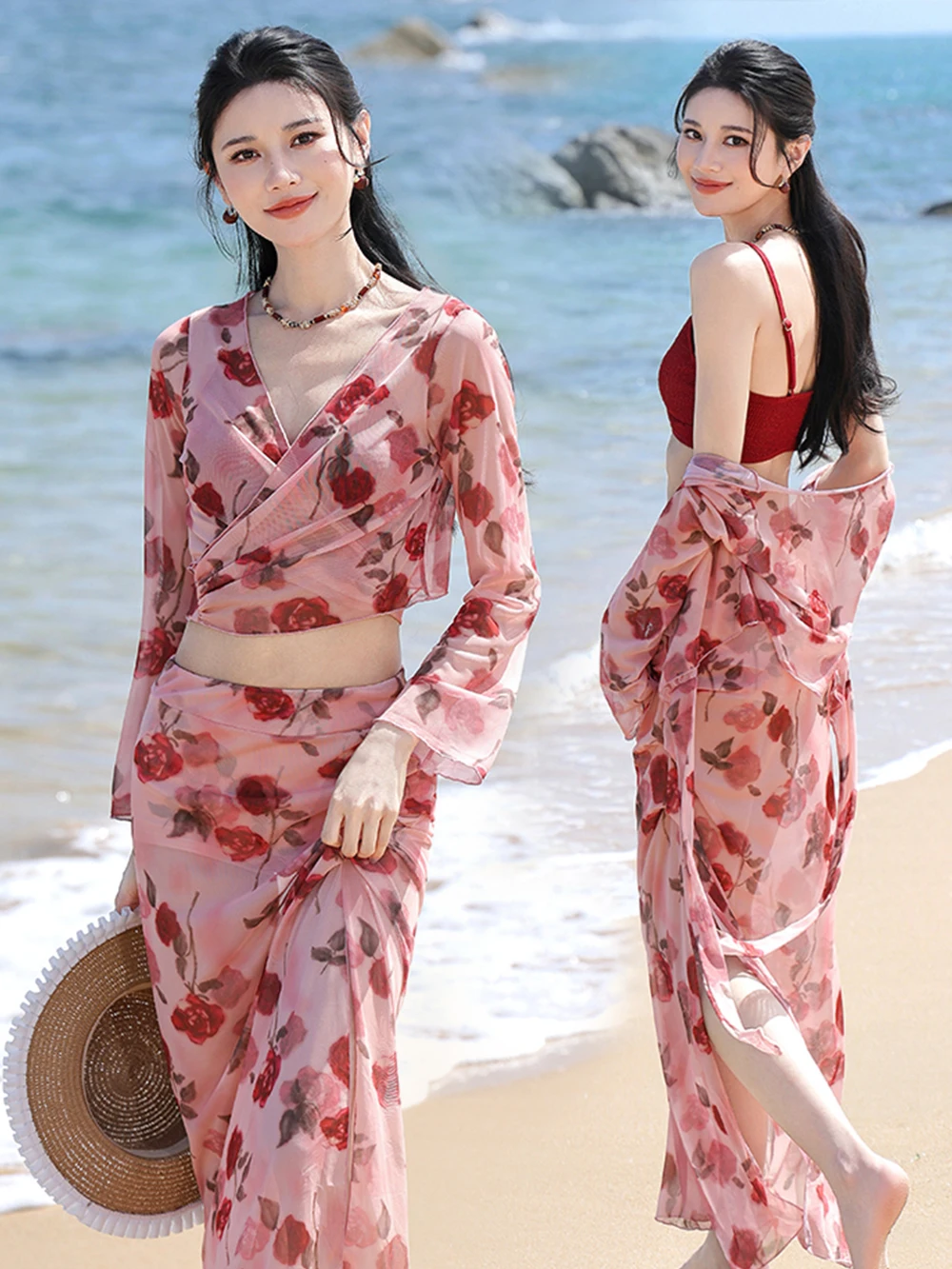 

Женский комплект бикини Floral House: сексуальный купальник из четырех предметов с эффектом похудения, длинная юбка, коллекция Vaion Edition