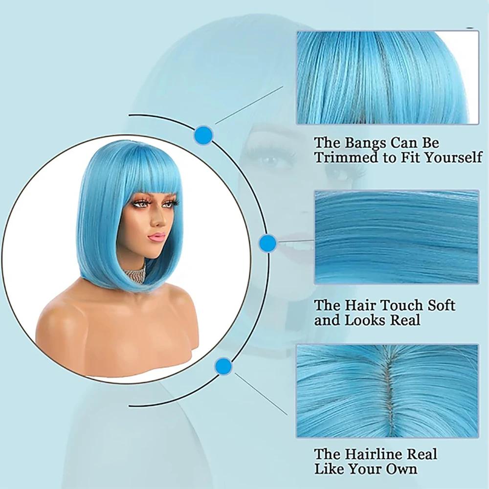 HAIRJOY Synthetic Short Bob Hair Wigs Straight with Flat Bangs  Colorful Cosplay Daily Party Wig for Women image 5