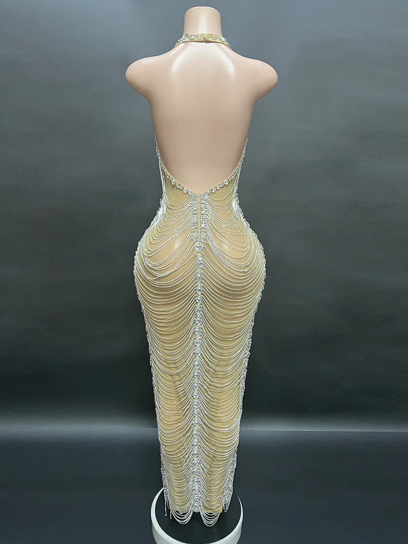 Maßge schneiderte neue sexy Spitze transparente Perle Quasten Pailletten Wasser Diamant Wrap Hüft kleid langes Kleid Leistung Longue tte