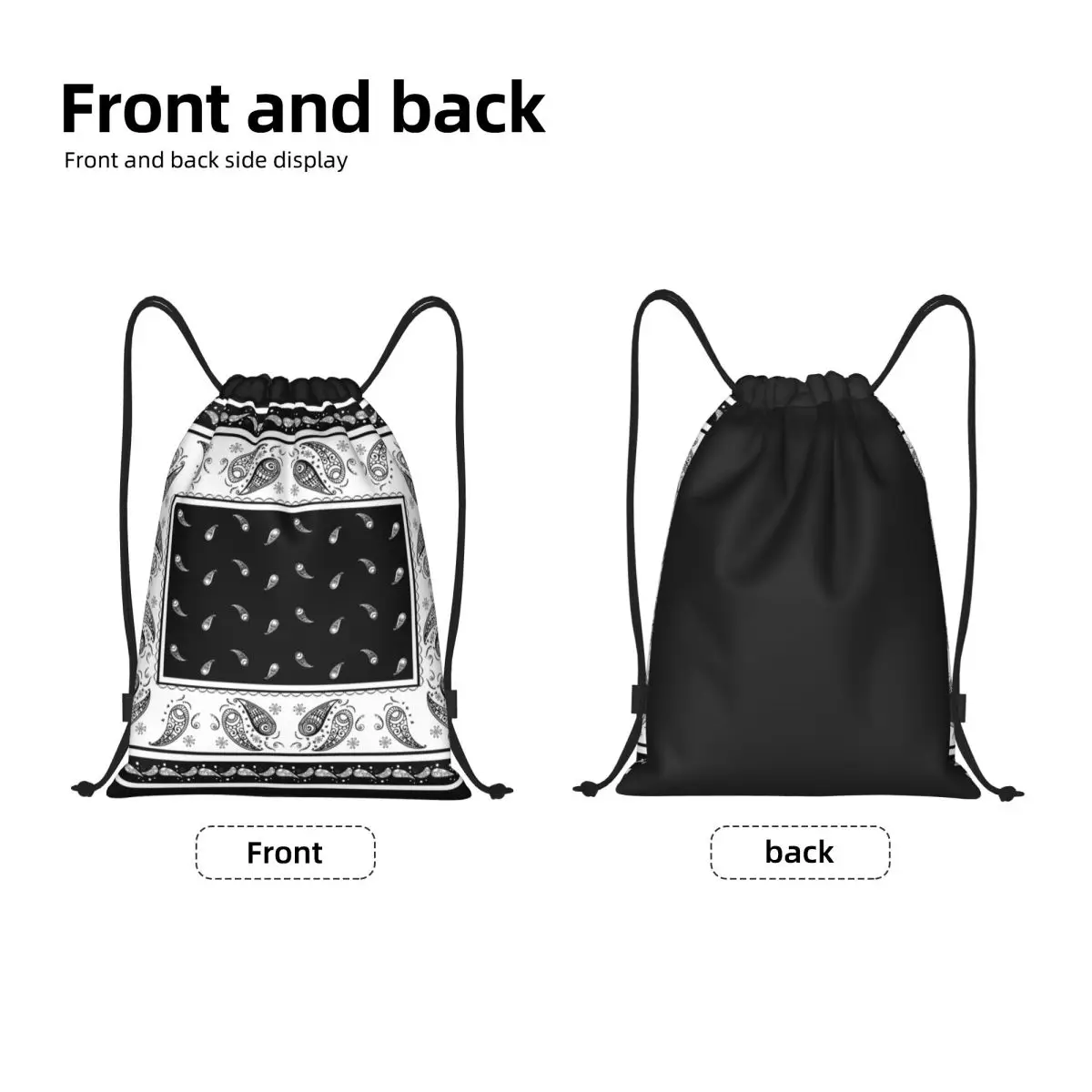 Black And White Paisley Bandana Pattern Drawstring Backpack Sports Gym Bag for Men Women Bohemian Floral Style Training Sackpack