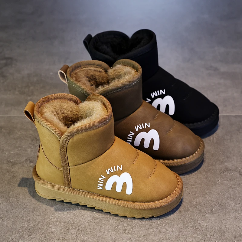 

Детские модные зимние ботинки, зимние теплые плюшевые ботильоны для детей, нескользящие непромокаемые слипоны, хлопковая обувь для мальчиков и девочек