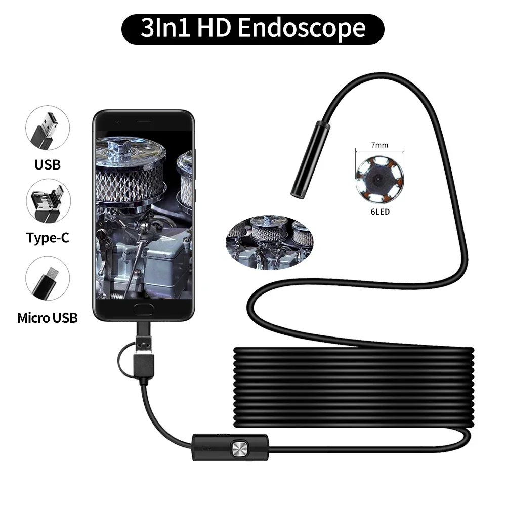 5.5mm Sewer Industrial Endoscope Piping Endoscopy Type C Flexible Snake Mini Camera 3 in 1 Automotive Borescope for Android